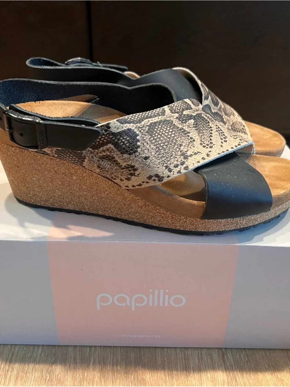 Papillo by Birkenstock Samira Wedge Sandals Black Snake Beige Leather EU 39 US 8